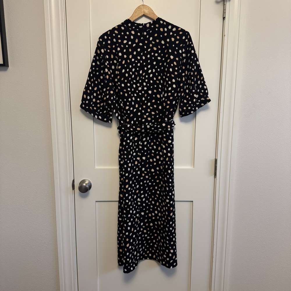 Ann Taylor Black Polka Dot Mock Neck Midi Dress Belted Short Sleeve Women's 16 - Picture 6 of 7